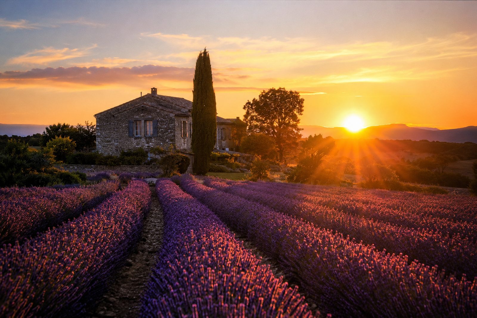 Lavendelfeld in der Provence bei Sonnenuntergang mit Zypresse und Steinhaus