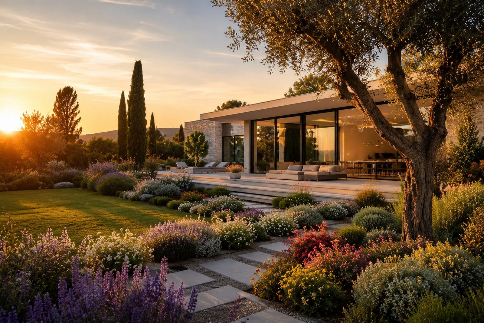 Moderne Stadtvilla mit mediterranem Garten im Abendlicht