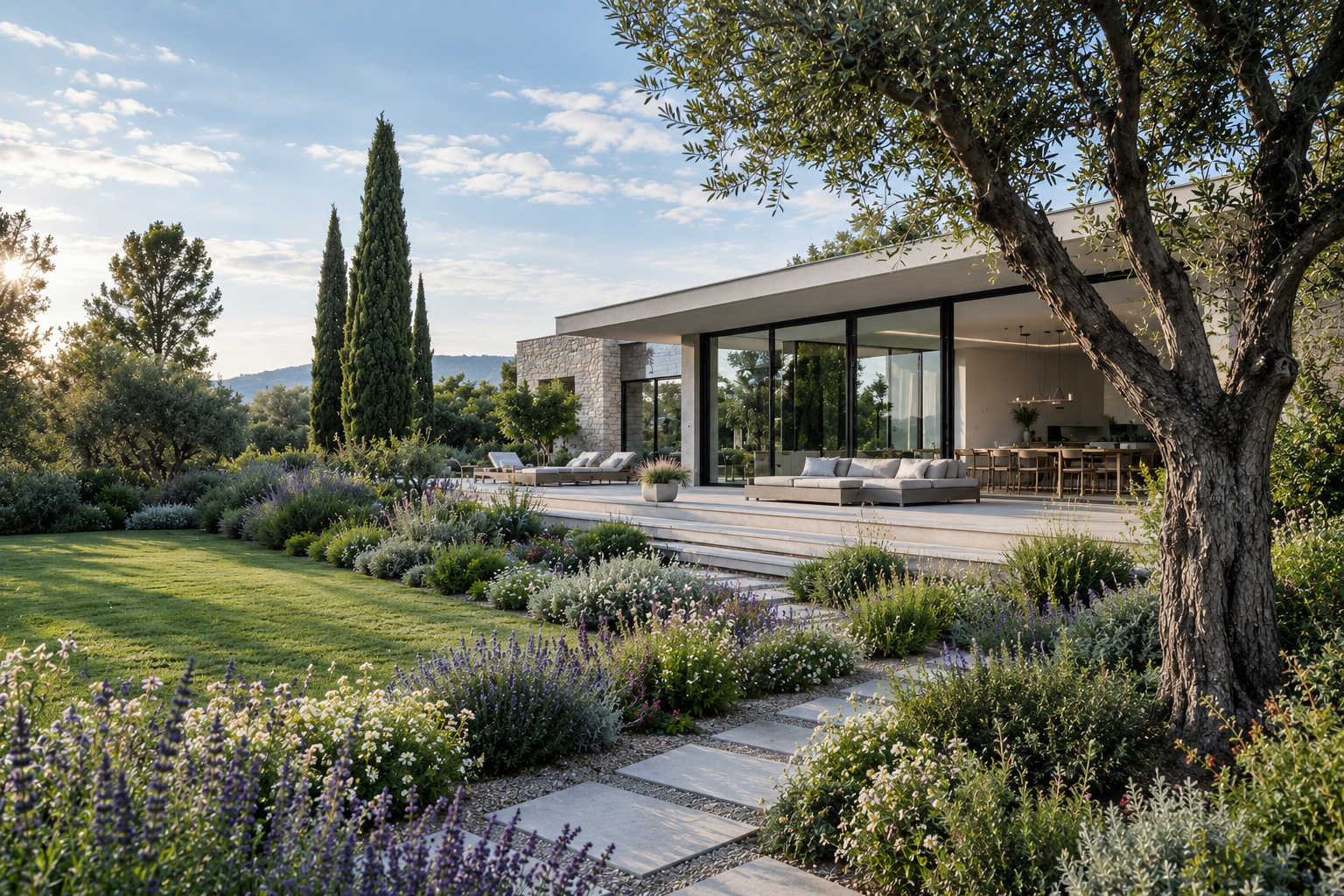 Moderne Stadtvilla mit mediterranem Garten im Abendlicht